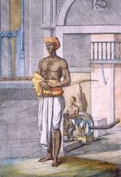 Bengale als Träger mit einer Sänfte im Hintergrund, aus 